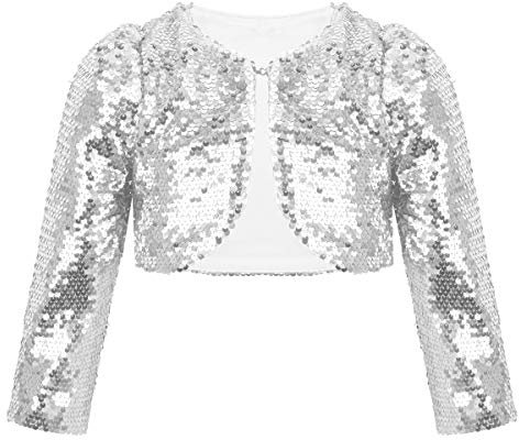 FEESHOW Mädchen Pailletten Bolero Strickjacken Glitzer Kurze Jacke Kinder Langarm Cardigan Top Oberteil für Tanz Party Hochzeit Silber 134-140