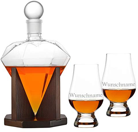 polar-effekt Carafe à décanter en cristal avec 2 verres à whisky Glencairn - 1000 ml - Personnalisable avec gravure au laser