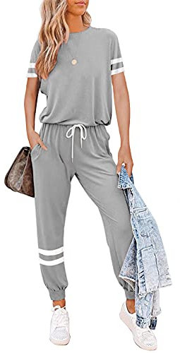 Litthing Damen Trainingsanzug Jogginganzug 2 Stücke Set Kurzarm Top/Hose Freizeitkleidung Sportswear für Running Yoga Gym (Grau, S)