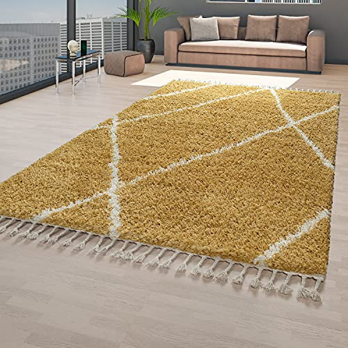 TT Home Shaggy Teppich Gelb Wohnzimmer Hochflor Rauten Muster Skandi Look Weich Fransen, Größe:80x150 cm