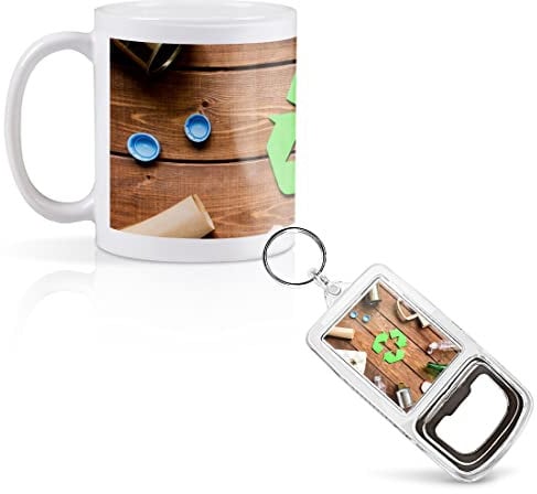 1 x 11oz (284ml) White Ceramic Mug Cup & 1 x Bottle Opener Keyring - Eco Recycling Symbol Sign Bins Design for Coffee Tea Drinks Kitchen Birthday Office #21487