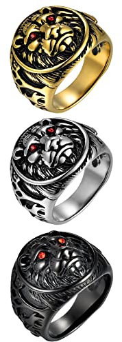 JewelryWe Schmuck 3 PCS Herren-Ring Edelstahl Gothic Biker Siegelring Vintage Löwe Löwenkopf Ringe Bandring mit Gravur Silber Gold Schwarz Größe 54