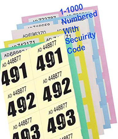 Vsorce4u 1-1000 Tombola-Tickets, verschiedene Farben für Garderoben, Jumbo-Nummern, Sicherheitscodierte Blätter, Tombola-nummerierte Tickets für Zuhause, Büro, Schule