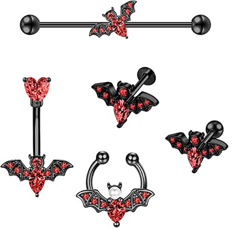 Longbeauty 14G 16G Fledermaus Piercing Set Halloween Körperschmuck Hufeisen Nasenring Hoops Labret Lippenpiercing Tragus Ohrring Bauchnabelring Industrial Barbell, 5 Pcs, Rot