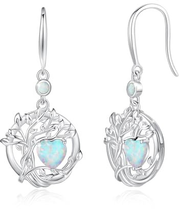 FANCIME Tree of Life Earrings 925 Sterling Silver Dainty Opal Dangle Drop Gemstone Earring October Birthstone Fine Jewellery Birthday Gifts for Her Women