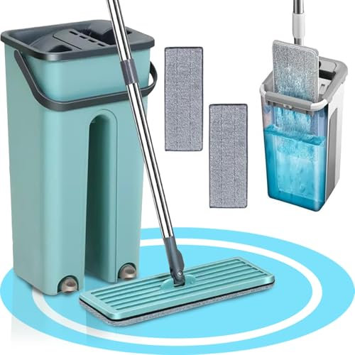 Dekohome Mopa con Cubo Escurridor Fregona para Limpieza de Suelos y Paredes, Gira 360 Grados, Autoescurrible Atrapa Polvo Doble Compartimento, Verde