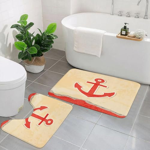 AELKSP Badezimmerteppich Set 2 Teilig,Ankerkette, Meeresleben, Meeresobjekt, Liegeplatz,rutschfest Waschbar Badvorleger Set,Saugfähig Badematte Badteppich Set mit