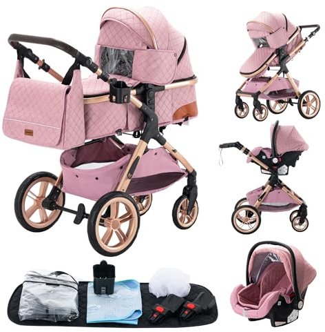 GLOKID Kinderwagen 3 in 1,Reisesysteme, Babywanne Buggy,Voll-Gummireifen,Mit Einem Klick Zusammenklappbarer, Rain cover Mosquito net, Mummy Bag、Rosa