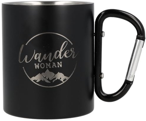 Spruchreif | Edelstahltasse mit Karabinerhaken Henkel mit Gravur „Wander Woman“ in Schwarz Matt | Geschenk Wandern | Wander Geschenke |