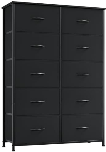 Somdot Kommode mit 10 Stoffschubladen, Schlafzimmer, Schwarz | Stoffkommode, Komodenschrank, Großem Stauraum, Metallrahmen, Holzwerkstoffoberplatte, Wohnzimmer, 30T x 80B x 114,5H
