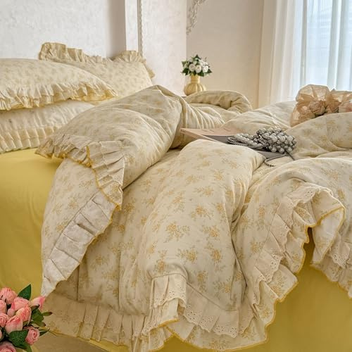 GETIYA Elegant Blumen Bettwäsche 155x220 Mädchen Damen Bettbezug mit Rüschen Bettwäsche Baumwolle Doppelgarn Gelb Hellgelb Deckenbezug Blümchen Muster mit 1 Kissenbezug 80x80