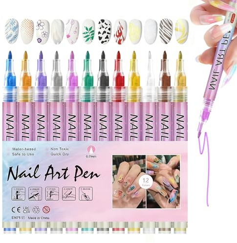 Nail Art Pens Set - 12 Color Acrylic Paint Nail Art Markers - 3D Nail Art Graffiti Pens Set - 0.7MM Quick-Drying Painting Nails DIY Nail Varnish Pens - Beauty Adorn Nail Art Tools