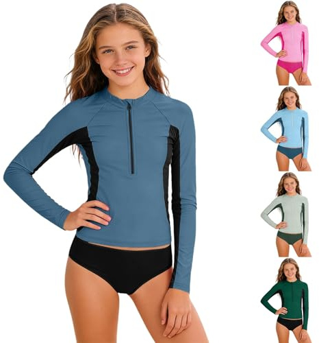 Rashguard - Conjuntos de Rash Guard para niña de manga larga con protección UV UPF 50+, camiseta de natación con pantalones cortos de baño, cremallera, camiseta de surf para adolescentes, para playa y
