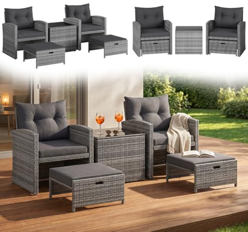 STEELSØN Selaria Rattan Gartenmöbel Set 5-TLG. – Sitzgarnitur 2 Sühle, 2 Hocker & 1 Tisch – Outdoor-Sitzgruppe grau-meliert – Balkonset wetterfest 4 Personen – Gartengarnitur mit Sitzkissen