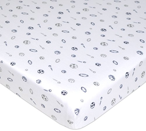 American Baby Company Spannbetttuch, 61 x 96,5 cm, weich, atmungsaktiv, neutral, 100% Baumwoll-Jersey, tragbar, Marineblau/grau, Sport, für Jungen und Mädchen, passend für die meisten Pack N Play und