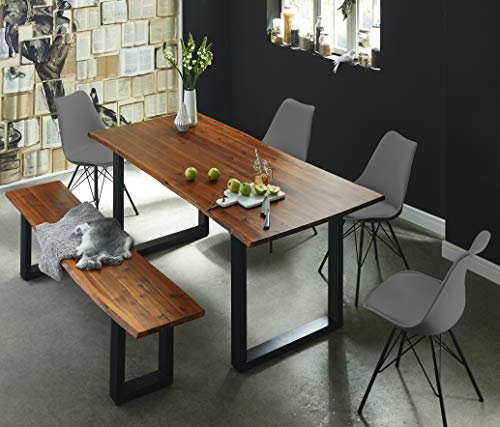 SAM 6 TLG. Essgruppe Esra, Baumkantentisch 120x80 cm & -Bank 120x40 cm, Akazie-Holz Cognacfarben, Gestell schwarz, 4X Schalenstuhl Lerche grau