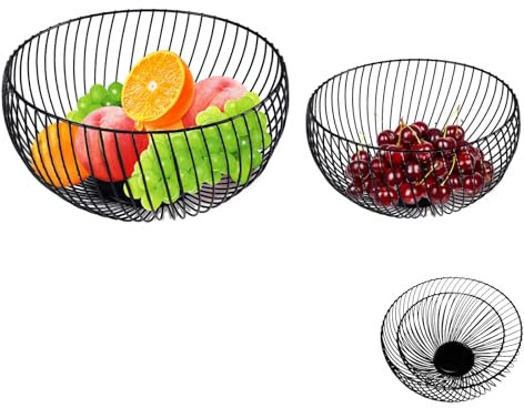 vocheer Fruteros, 2 Piezas Cesta Redonda de Alambre Negro para Aperitivos, Artículos de Almacenamiento para el hogar, Cesta Moderna de Fruta de Alambre de Metal