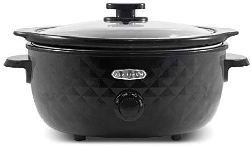 Elite Gourmet MST1234BX - Olla de cerámica extraíble con patrón de diamante, apta para lavavajillas, con tapa de vidrio templado, asas de tacto frío, 6 cuartos de galón, color negro carbón