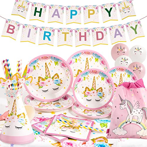 Yidaxing Decoraciones de Cumpleaños de Unicornio, 131 Piezas Juego de Fiesta de Cumpleaños de Unicornio Mantel para Niños Cumpleaños Niñas (16 Invitados)