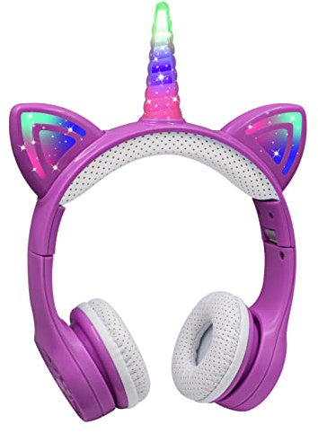 YUSONIC Cuffie wireless per bambini, con unicorno, cuffie Bluetooth per ragazze e ragazzi, per computer portatili e tablet, con luci a LED, ideali come regalo di compleanno, viaggi e scuola. (viola
