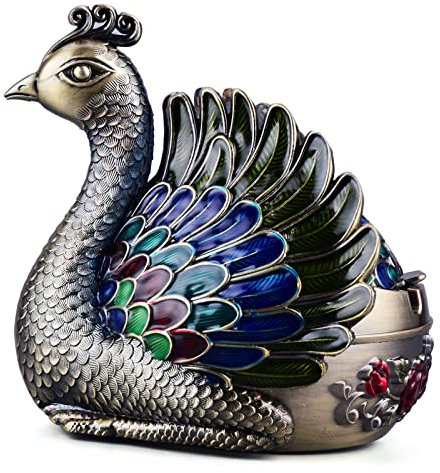 K COOL Metall-Aschenbecher im Pfaudesign mit Deckel, Windschutz, Aschenbecher für Innen- oder Außenbereich, für Terrasse, Veranda, Empfang, Dekoration (Bronze)