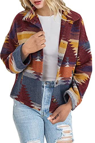 Heltapy Damen Aztekenjacke Jacke Loose Vintage Boho Wollmischung Mantel Button Down Shirt Tops, 2-weinrot, M