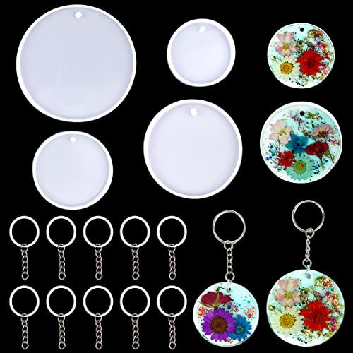 HyzaPhix Resin Silikonform Schlüsselanhänger, 14 Stück Runde Epoxidharz Formen Schmuck Harz Gießform Anhänger Silikon Gussformen Keychain Resin Molds for DIY Schmuck Untersetzer Selber Machen