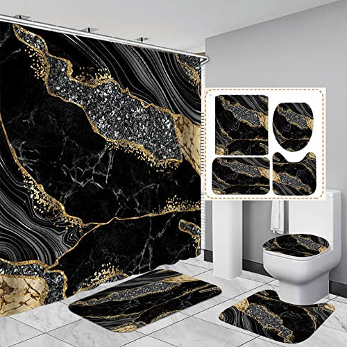 EMHOME Black 4Pcs Marble Shower Curtain Sets, Gold Cracked Lines Crystal Geode Black Gold Bathroom Decor Sets, Rug Toilet Lid Cover and Non-Slip U Shape Mat,Shower Curtain with 12 Hook,Black