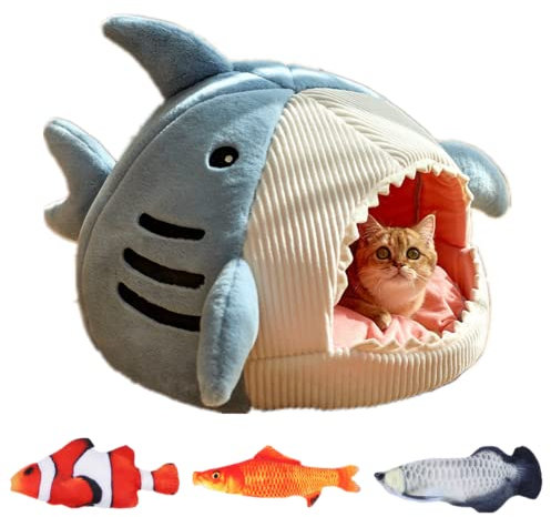 JIALOE Shark Katzenbett Hundehaus Katzenbett Höhle Haustierbett Katzenbetten für Indoor Katzen (L, Blau)