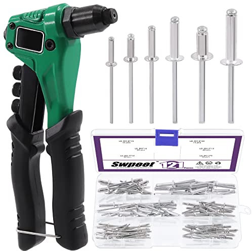 Swpeet 121Pcs 3/32 1/8 5/32 3/16 Nieten mit Aluminium Blindnietpistole Assortiment Kit, Handnietpistole Kit mit 4 manuellen austauschbaren Nietköpfen und 4-Verdrehbohrern