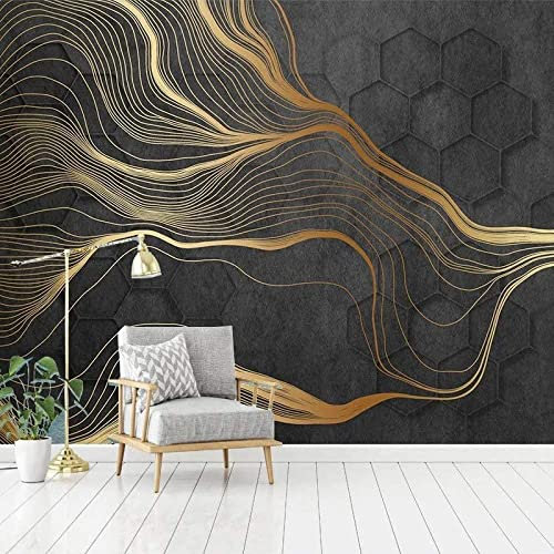 Self-Adhesive Wallpaper Hexagon Geometric Pattern Abstract Golden Line Art 3D Photo Wallpaper Mural Motif Peel and Stick Wall Photo 3D Wallpaper Paste Living Room The Wall for Bedroom Mural Border -