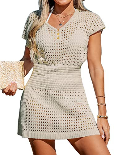 CUPSHE Women's Crochet Cover Up Swim Beach Button Short Sleeve Mini Dress Beachwear Apricot S