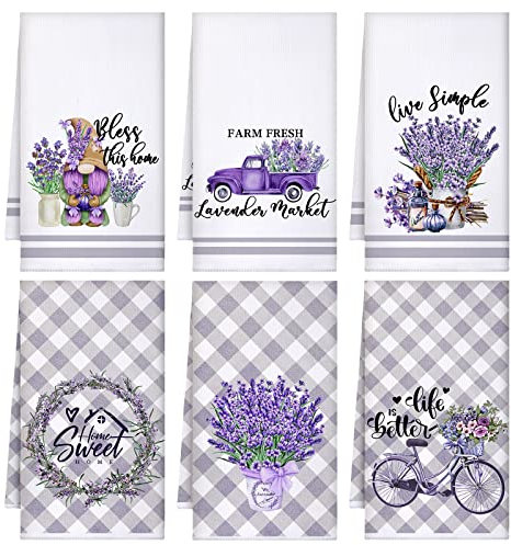 Boyiee Set of 6 Lavender Kitchen Towels Purple Floral Dishtowels Rustic Absorbent Purple Tea Hand Towels 24 x 16 Inches Lavender Lover Gifts for Farmhouse Kitchen Bathroom Accessories Decorations