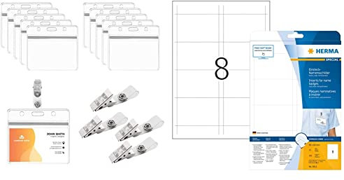 BAMZOK 50 Stück Ausweishülle mit Clip Namensschilder & HERMA 9012 Namensschilder für Kleidung DIN A4 (90 x 60 mm, 25 Blatt, Karton) perforiert, bedruckbar, 200 Einsteckschilder, weiß