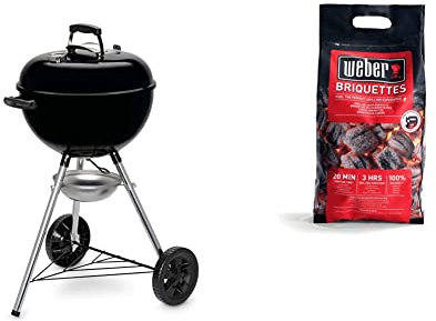 Weber Barbecue à Charbon Original Kettle 47cm - Barbecue E-4710 à Couvercle, Thermomètre, Trépied, Roues - Noir & Briquettes de Charbon - Sac 4 kg - Charbon de Bois pour Barbecues Weber
