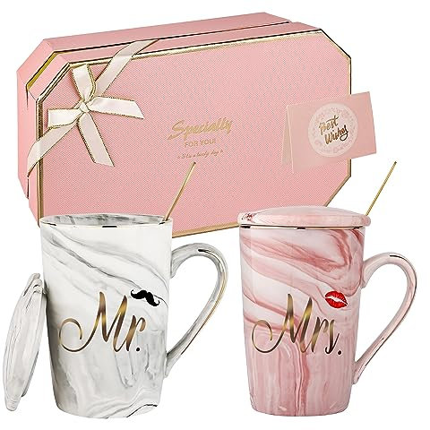 Herr und Frau Paare Kaffeebecher Hochzeitsgeschenke für Paare,Braut und Bräutigam,Herr und Frau Becher Set Paare Geschenk für Bridal Shower Verlobung Valentinstag Paare Keramik Marmor Tasse 420ML