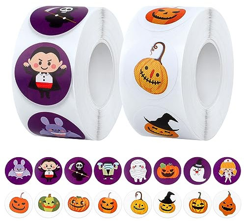 1000st Halloween Aufkleber, 16 Farben und Designs Halloween Aufkleberrolle Runde Halloween Aufkleber Kürbis Runde Siegeletikettenaufkleber für Partydekorationen