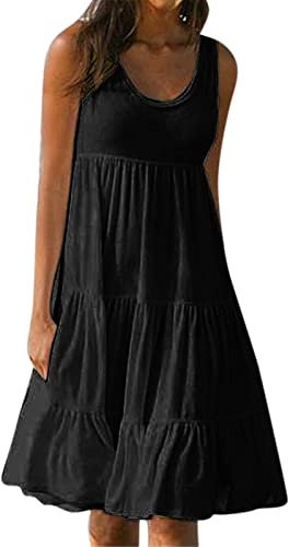 Generisch Kleid Herbst Damen, Armlos Casual Rundhalsausschnitt Elegant Farbe Splicing Big Swing Strandkleid Boho Damen Sommer Style Outfit Einschulung Mutter Abschlusskleid Dress Maxi (L, Schwarz)