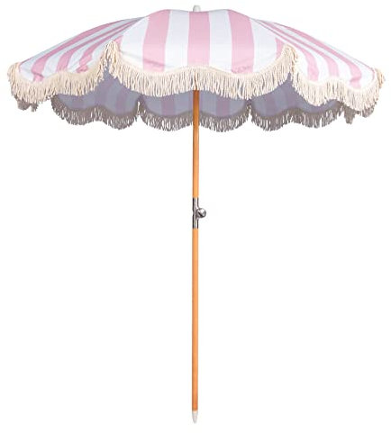 Mansader Parasol de plage bohème pliable de 2 m avec frange, UPF 50+ avec sac de transport, parasol de terrasse pliable pour jardin, pelouse, piscine, table de cour, rose/rayures, 2 meter