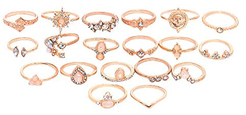 QKEPCY 17 Pièces Ensemble Bagues Vintage Étoile Soleil Opale Cristal Strass Anneau Bohème Midi Knuckle Empilable Ajustable Bijoux Femme