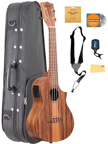 Kala KA-TK-C-CE Teakholz-Konzert-Ukulele mit Cutaway und EQ-Bündel mit Koffer, Stimmgerät, Aquila-Saiten, Gurt, Austin Bazaar Anleitungs-DVD und Poliertuch