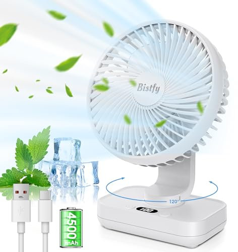 Desk Fan Auto Oscillating Table Fan, 4500mAh Rechargeable Battery Powered Fan, 4 Speed Powerful& Quiet USB Desk Fan, 2A Fast Charging LED Display 5.5'' Portable Cooling Fan (White)