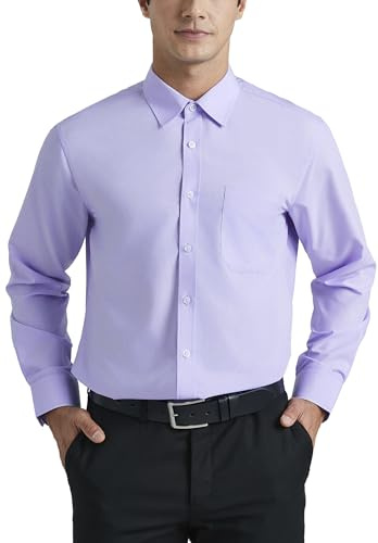 HISDERN Chemise Violet Clair à Manches Longues pour Hommes Chemise Habillée en Fibre de Bambou Coupe Régulière Chemise sans Repassage avec Poche,M