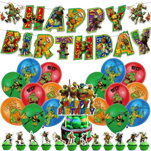 Turtles Balloons Birthday Cake Party Decorations Set, Turtle Theme Party Decorations with Cupcake Cake Toppers Banner Balloons, Birthday Party Supplies Decoration for Boys and Girls(30Pcs)