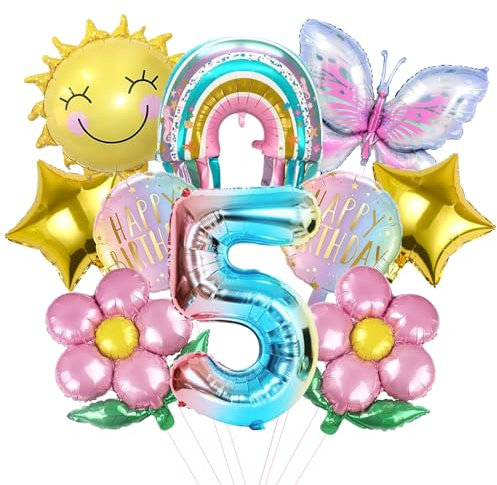Mizijia 10 Stück Schmetterlinge Geburtstagsdeko 5 Jahre Junge Mädchen, Luftballons Set, Party Deko, Folienballon, Kinder Geburtstag Luftballons (5)