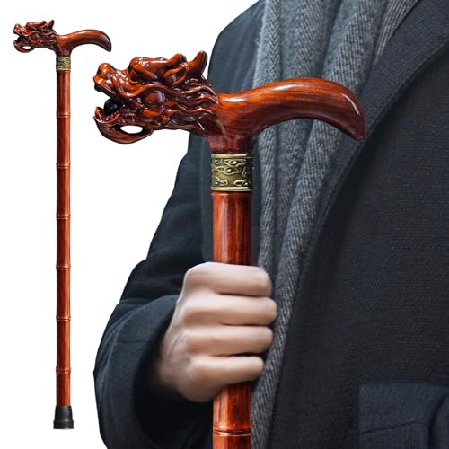 ispuoocti Holzstock, Naturholz Gehstock, Ergonomischer Gehstock für Männer und Frauen, Handgeschnitzte Drachenstöcke für Senioren, hohe Stützen, leicht und stabil (Rot)