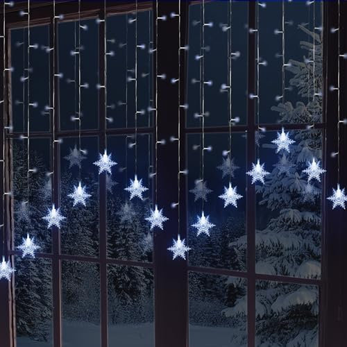 GloBrite 104 LED Curtain Light - Christmas Window Lights, Fairy Lights, 8 Modes - Xmas Decor, Indoor Window, Bedroom, Party, Wedding, Plug-in LED Curtain, Holiday Decoration (Snowflakes - Cool White)