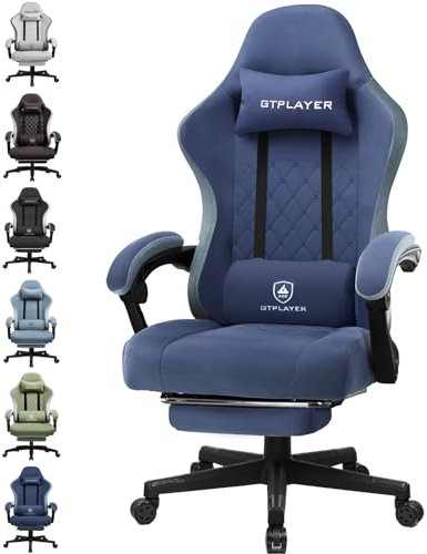 GTPLAYER Gaming Stuhl Ergonomischer Gaming Sessel Schreibtischstuhl mit Stoffoberfläche, Federsitzkissen, Verbindungsarmlehnen und Fußstütze Dunkelblau