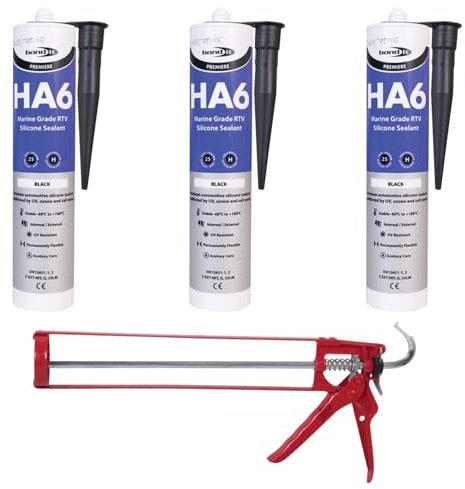 Bond It HA6 Silicone Bundle with Free FIXINGS DIRECT Heavy Duty Silicone Gun - (Black, Clear, White) High Performance Marine and Sanitary Sealant (Black, 3 Tubes With Silicone Gun)