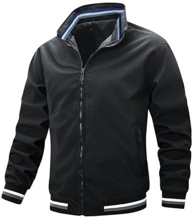 Cocila Prime Deals Hooded Trench Coat Men Lightweight Zip Up Long Sleeve Stand Collar Stripe Print Pocket Sportswear Coat Windbreaker Navy Waterproof Jacket Mens Forma Outlet Clearance UK Overstock